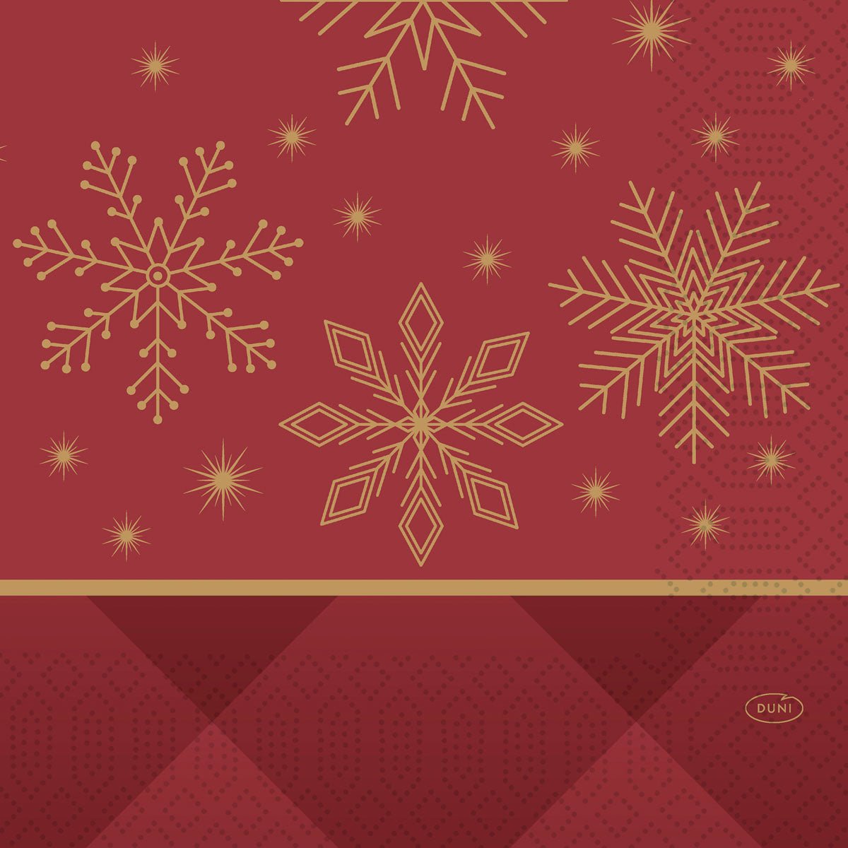 With a festive red-golden snowflake design, separated by a golden stripe from a burgundy diamond pattern, the napkins 33x33 3-ply 1/4 Rhombus burgundy (250 pack) from Duni GmbH are ideal for the holiday ambiance.