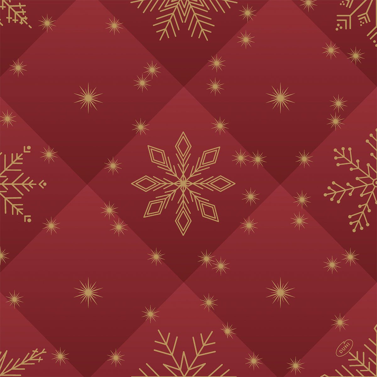 Red quilted background with golden snowflakes and bright stars reflecting the festive elegance of the Bio-Dunisoft napkins 40x40cm by Duni GmbH - eco-friendly napkins for every special occasion.