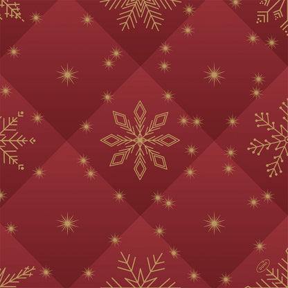 Red quilted background with golden snowflakes and bright stars reflecting the festive elegance of the Bio-Dunisoft napkins 40x40cm by Duni GmbH - eco-friendly napkins for every special occasion.