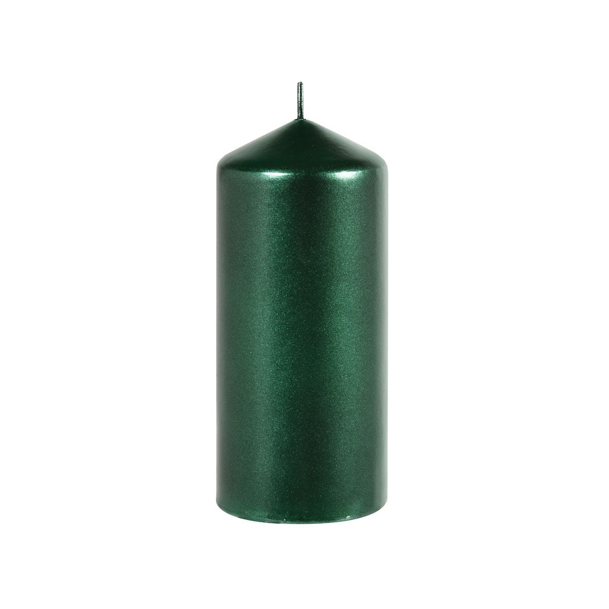The pillar candles 70x150mm Metallic from Duni GmbH is a tall, cylindrical, green candle with a single wick and a pointed tip - perfect for anyone who appreciates stylish, smoke-free pillar candles.
