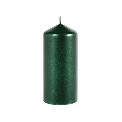 The pillar candles 70x150mm Metallic from Duni GmbH is a tall, cylindrical, green candle with a single wick and a pointed tip - perfect for anyone who appreciates stylish, smoke-free pillar candles.