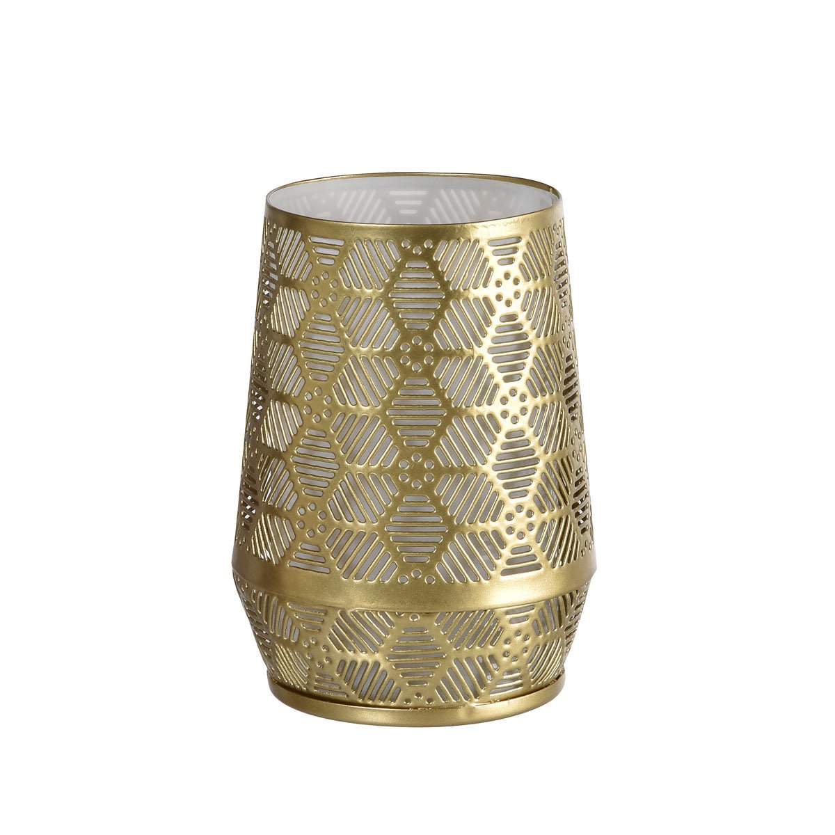 The Duni GmbH metal candle holder, 7.5x10cm Anoush, is an elegant table decoration holder in gold with a geometric hexagonal pattern and a white interior - perfect for stylishly decorating living spaces.