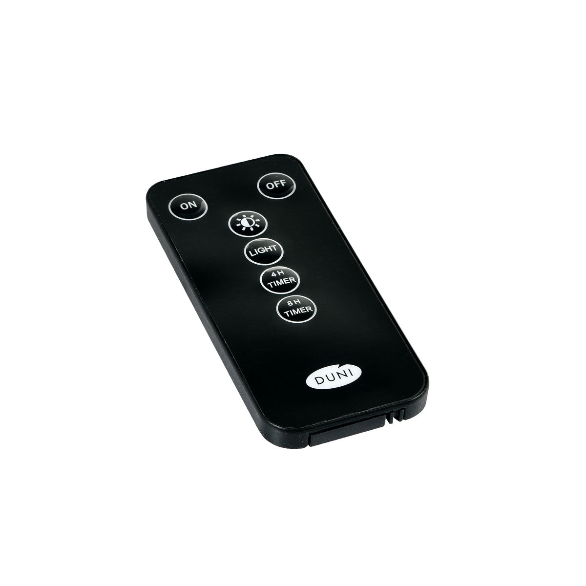 The Duni GmbH LED remote control spare part for TV and lighting (1 piece) features six round buttons - ON, OFF, LIGHT, 4H TIMER, 8H TIMER, and DUNI - arranged in a grid for precise light control.