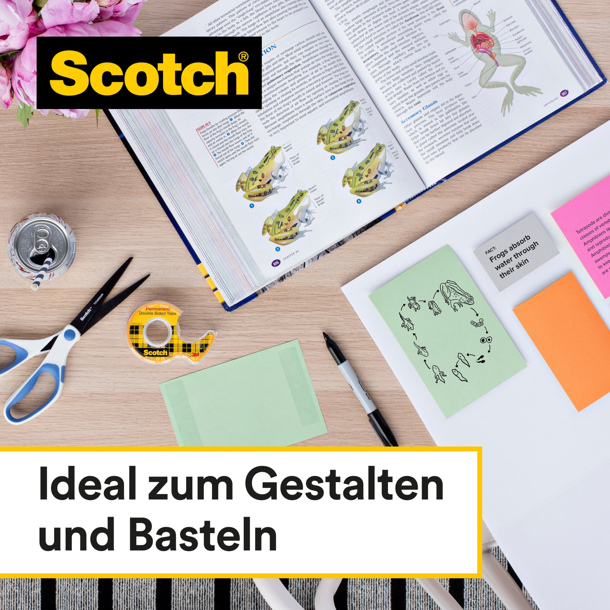 Auf einem Schreibtisch mit Schere, Dose, Klebeband, Haftnotizen, einem aufgeschlagenen Buch mit Froschillustrationen und rosa Blumen steht über dem Scotch® doppelseitigen Klebeband der 3M Deutschland GmbH der Text Ideal zum Gestalten und Basteln".