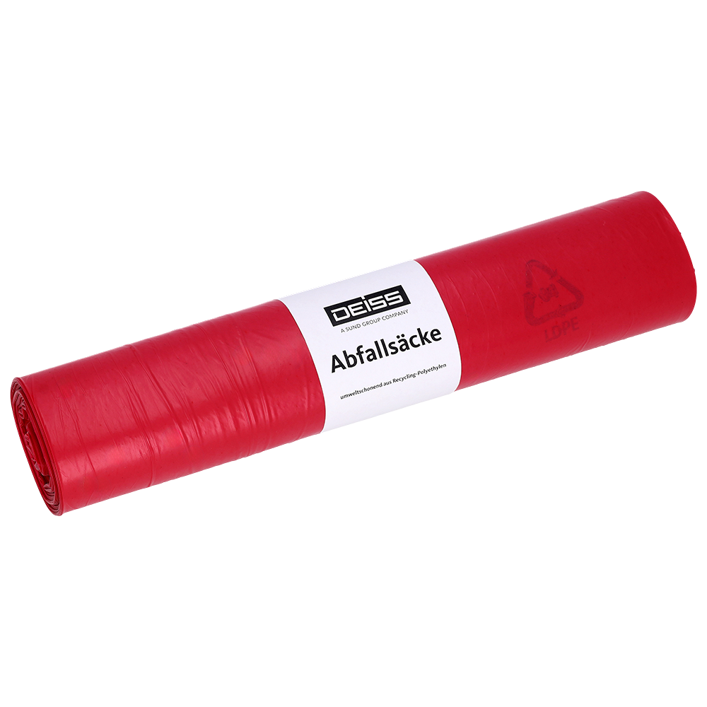 Eine Rolle mit 25 roten DEISS 21004 Abfallsäcken (700x1100 mm, Typ 60) der EMIL DEISS KG aus robustem Kunststoff ist mit einem Recycling-Symbol und einem weißen "DEISS Abfallsäcke"-Aufkleber versehen.