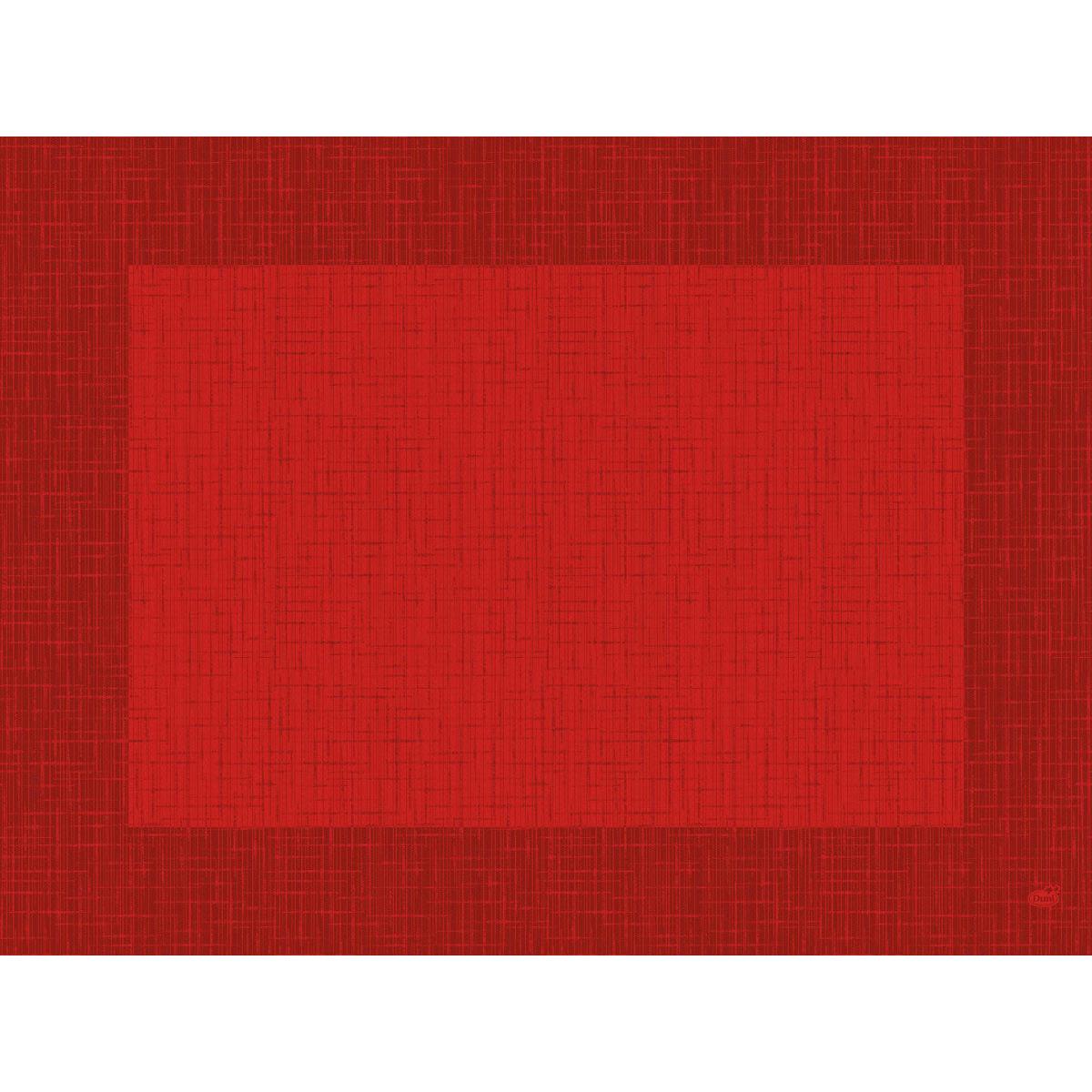 The Bio-Dunicel Sets 30x40 Linnea red from Duni GmbH are high-quality, rectangular red placemats with a textured cross-hatch pattern and a darker red border. Biodegradable. Pack of 100 pieces.