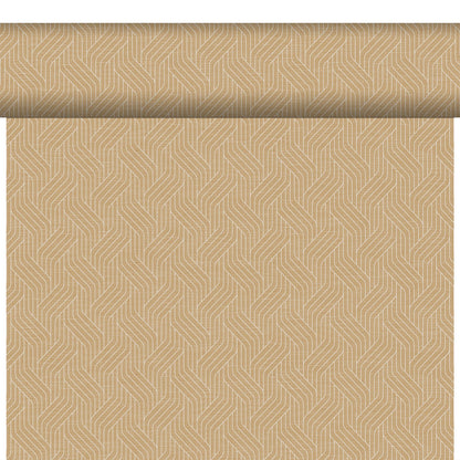 Die Bio-DC-Tete a Tete 0,4x24m von Duni GmbH ist eine biologisch abbaubare, umweltfreundliche Tapete mit hellbraunem Hintergrund und sich wiederholenden geometrischen Lichtlinienmustern, die teilweise ausgerollt und vertikal angebracht wird.
