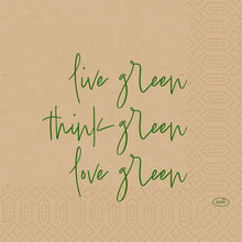 Beige Zellstoff Servietten 33 cm, 3-lagig von Duni GmbH mit grünem "live green, think green, love green" Schriftzug und geometrischen Dot-Mustern. Umweltfreundlich. Packung à 50 Stück.