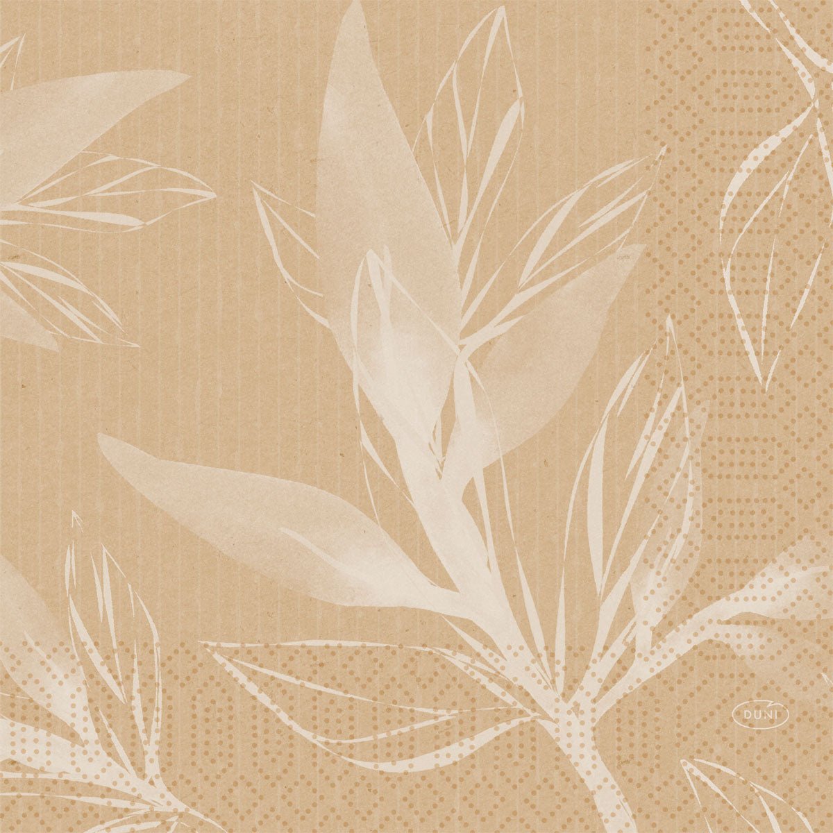 A beige, polka-dotted background with white, semi-transparent botanical leaves gives these Duni GmbH Zellt.-Serv. 33 cm 3-ply 1/4-fold natural paper napkins (pack of 50) a stylish, textured look, ideal for eco-friendly set tables.