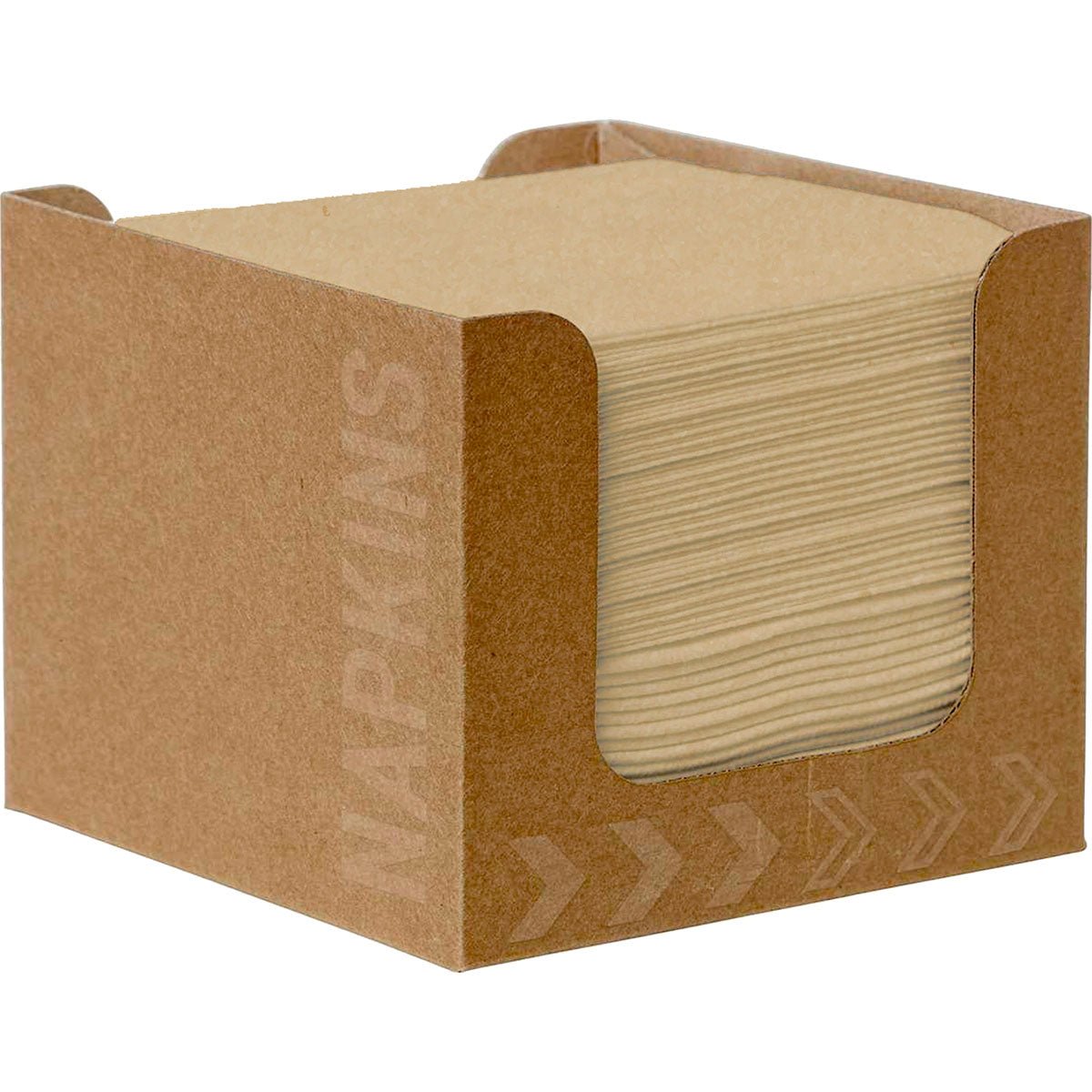 A pack of 50 Duni GmbH Bio-Dunisoft napkins (20x20 cm, natural brown) is in a plain box labeled "NAPKINS" with arrows, open at the front to show the eco-friendly edges.
