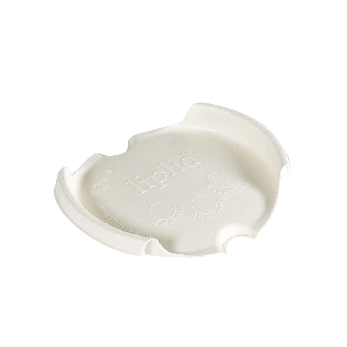 The Duni GmbH LipLid lid for cups 350/470ml/500ml (50 pieces) is a white lid with three small circular indentations, the embossing "Liplid" and three curved notches for a secure fit.