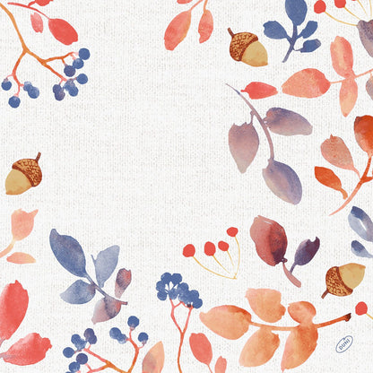 A watercolor border of red, orange, and blue autumn leaves surrounds a textured cream-colored background - ideal for highlighting Bio-Dunisoft napkins 40x40cm by Duni GmbH in the center.