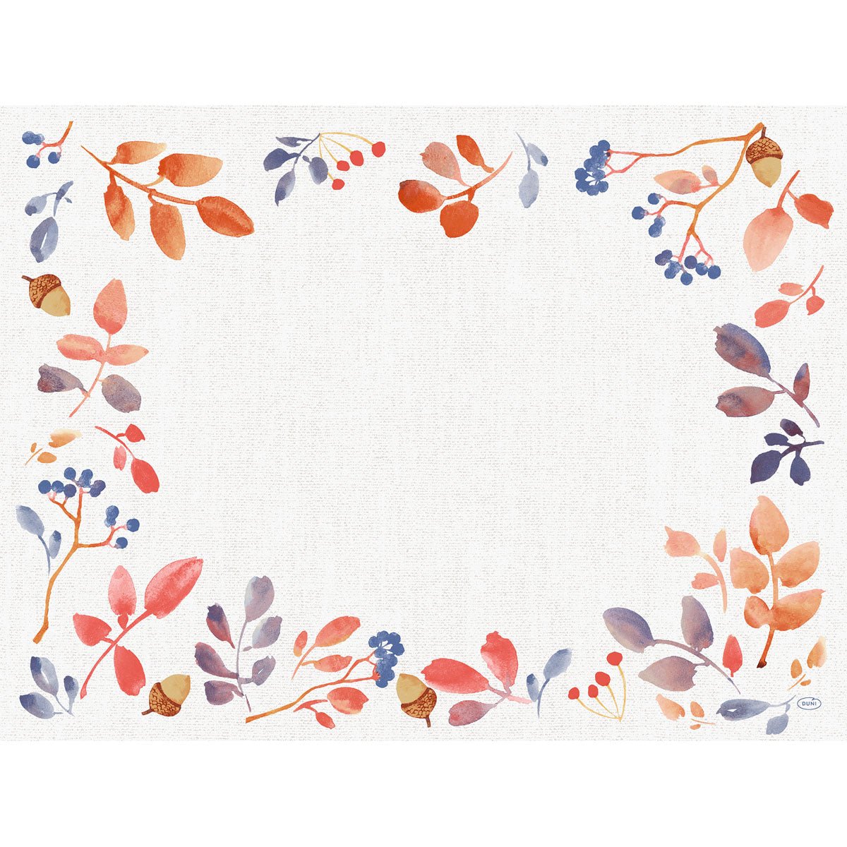 A rectangular white background, framed by watercolor-style autumn leaves, berries, and acorns, forms the centerpiece—ideal for the Duni GmbH Bio-Dunicel Sets 30x40 Autumn Gradient (pack of 100). The center area is left blank.