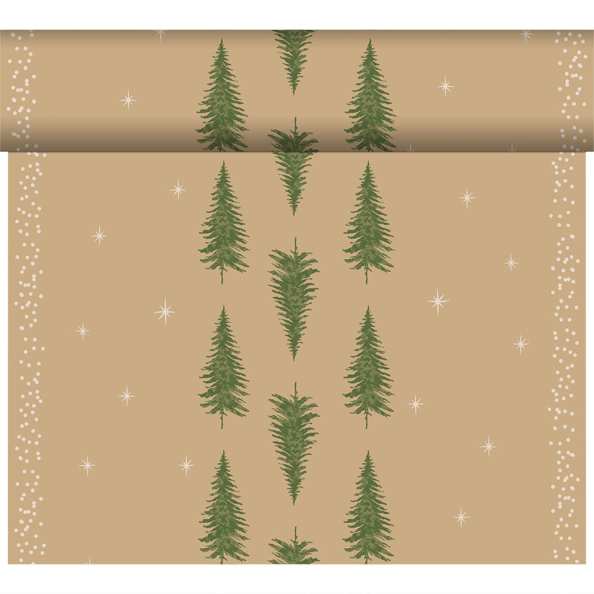 Eine Rolle hellbraunes Geschenkpapier mit grünen Evergreens, weißen Punkten und Sternen - perfekt, um mit dem Bio-Dunicel-Tete a Tete 0,4x24m von Duni GmbH einen umweltfreundlichen Tisch zu decken.