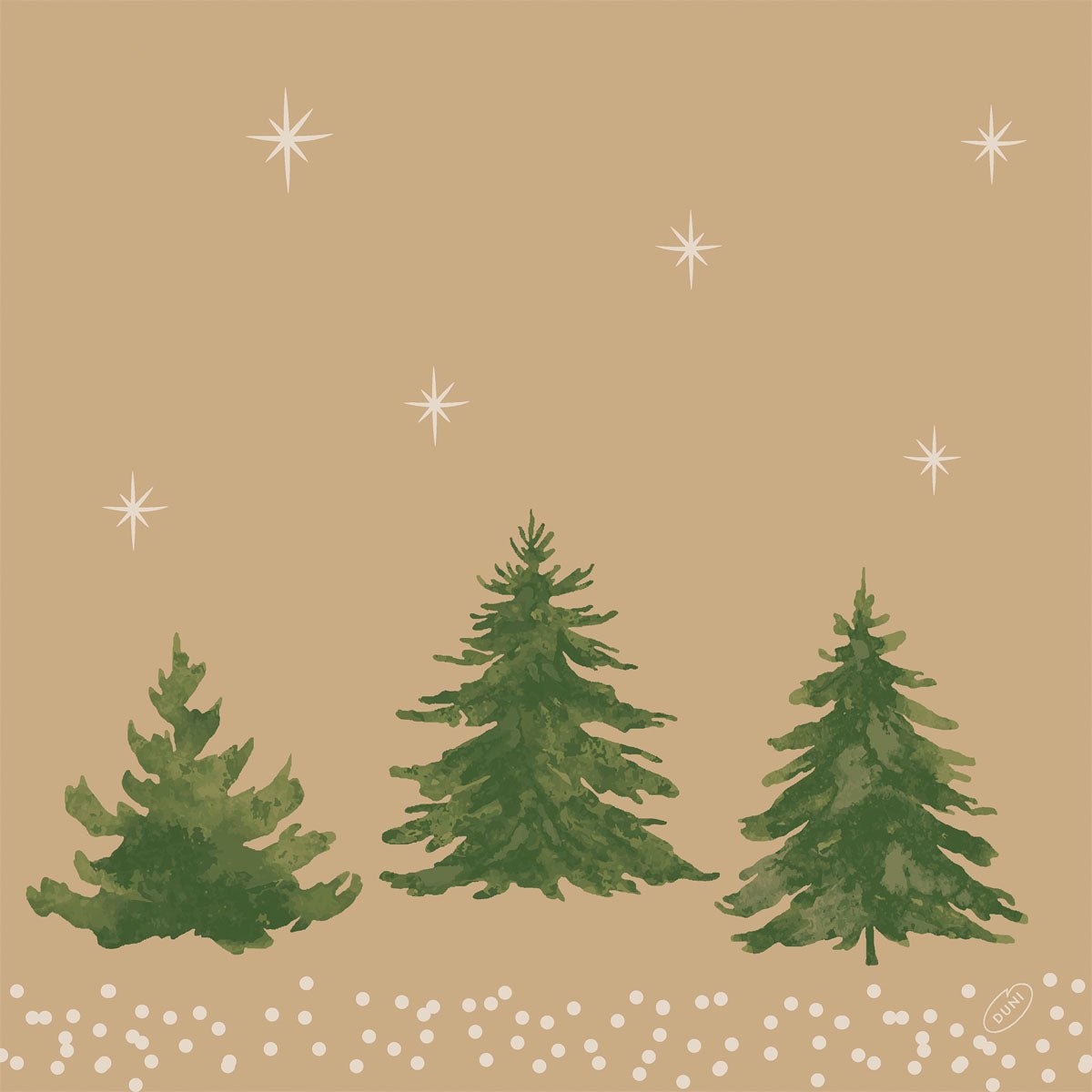 Three green fir trees on a snow-covered ground with white stars and a light brown background showcase the natural beauty of the Bio-Dunisoft napkins 40x40cm by Duni GmbH - perfect for eco-conscious celebrations.