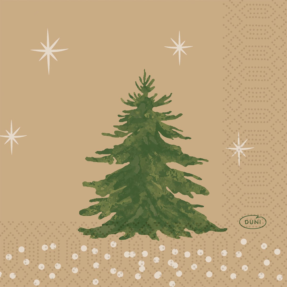 A green Christmas tree stands alone on a light brown background with white dots, stars, and a small DUNI logo. This festive design adorns the 24x24 3-ply 1/4 Humble Trees napkins by Duni GmbH - perfect for holidays. Package: 50 pieces.