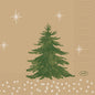 A green Christmas tree stands alone on a light brown background with white dots, stars, and a small DUNI logo. This festive design adorns the 24x24 3-ply 1/4 Humble Trees napkins by Duni GmbH - perfect for holidays. Package: 50 pieces.