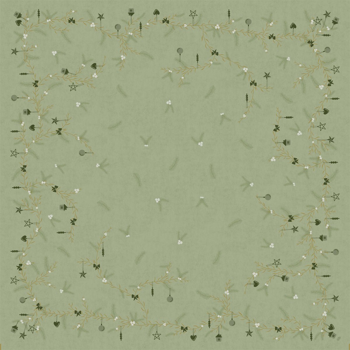 The Bio-Dunicel Tablecloth 84x84 cm Noel Pistachio by Duni GmbH features a light green, square design with golden and dark green tendrils, white blossoms, and stars - perfect for a festive, eco-friendly Christmas table decoration. Package: 20 pieces.