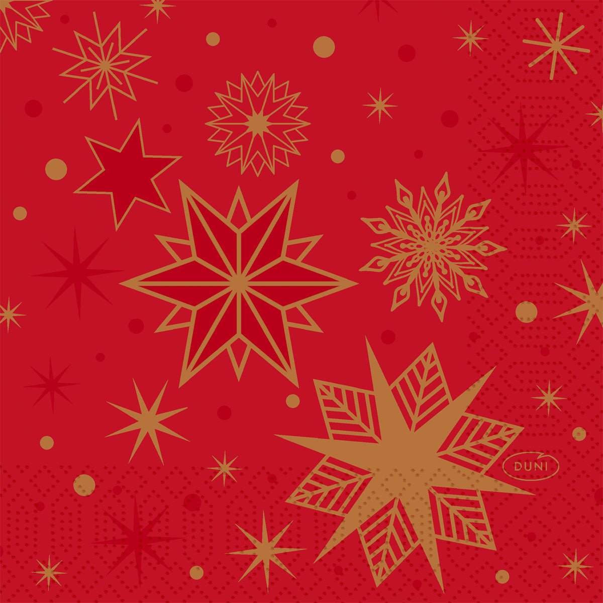 The Duni napkins 1/4-fold "Stargazing" (50x50 cm, pack of 50 pieces) from Duni GmbH with a red background and festive star and snowflake patterns in gold and red add elegance to any celebration.