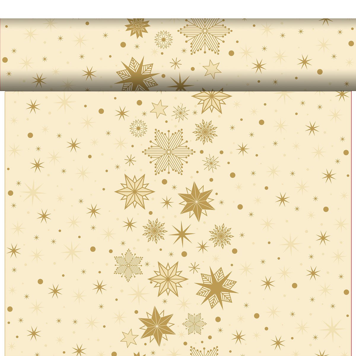 Das Bio-Dunicel-Tete a Tete 0,4x24m von Duni GmbH ist ein cremefarbenes, umweltfreundliches Papier mit goldenen Schneeflocken, Sternen und Punkten - ideal für nachhaltige Tischdekoration. Teilweise ausgerollt, entfaltet es seinen festlichen Charme.