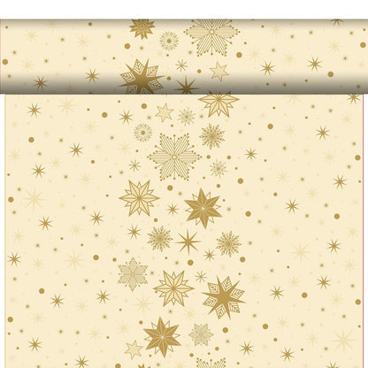 Das Bio-Dunicel-Tete a Tete 0,4x24m von Duni GmbH ist ein cremefarbenes, umweltfreundliches Papier mit goldenen Schneeflocken, Sternen und Punkten - ideal für nachhaltige Tischdekoration. Teilweise ausgerollt, entfaltet es seinen festlichen Charme.