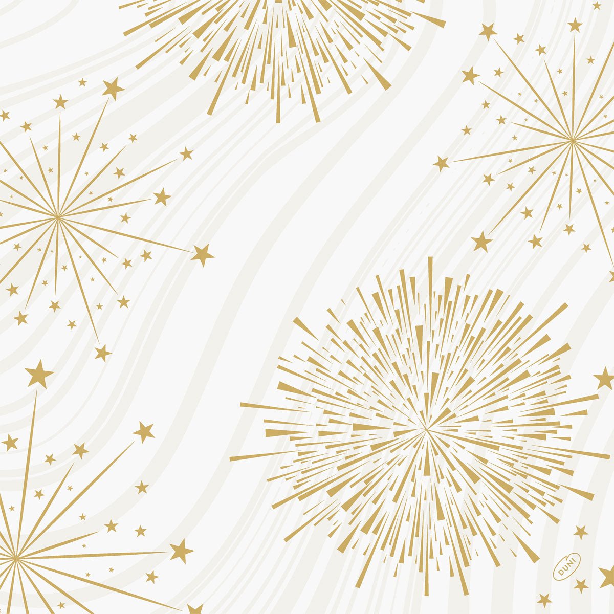 Golden starburst and firework patterns with various line and star shapes adorn a white background with subtle gray waves, creating a festive look - ideal for Duni GmbH Bio-Dunisoft napkins 40x40cm for any occasion.