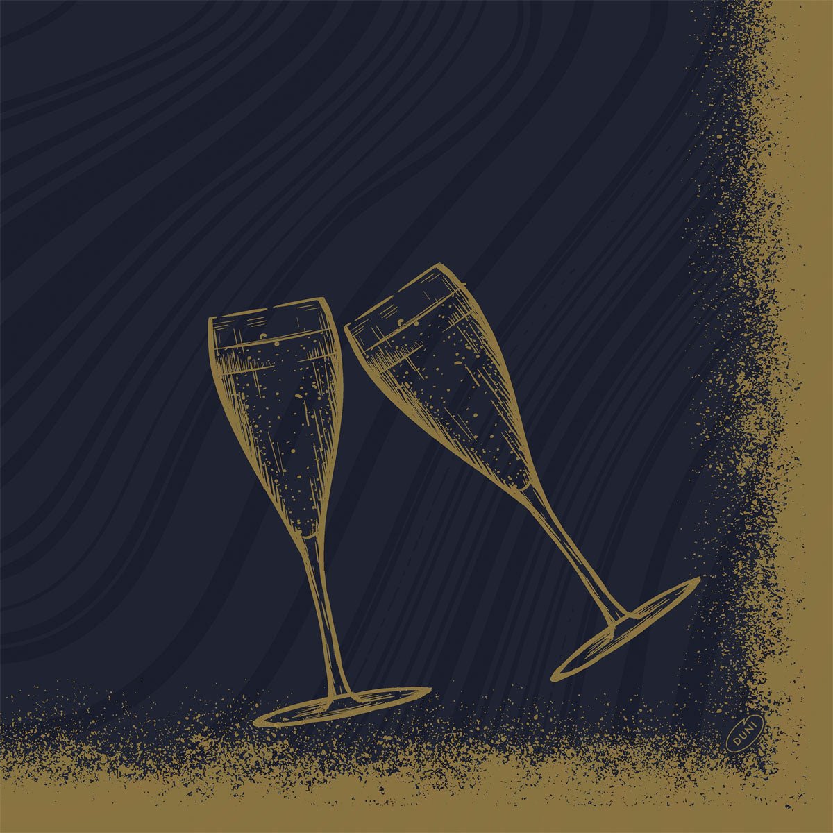 Two gold-illustrated champagne glasses clink against a dark blue-gold, textured background and perfectly match the Bio-Dunisoft napkins 40x40cm by Duni GmbH for your eco-conscious celebrations.