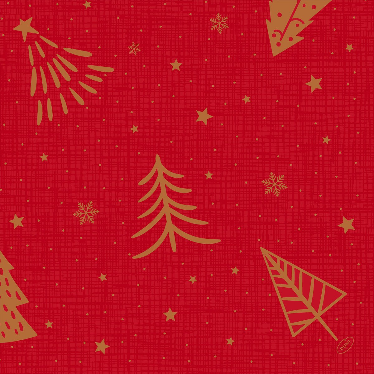 The Bio-Dunisoft napkins 40x40cm by Duni GmbH feature a red checkered background with golden Christmas trees, stars, and snowflakes - an eco-friendly, festive touch for your holiday table.