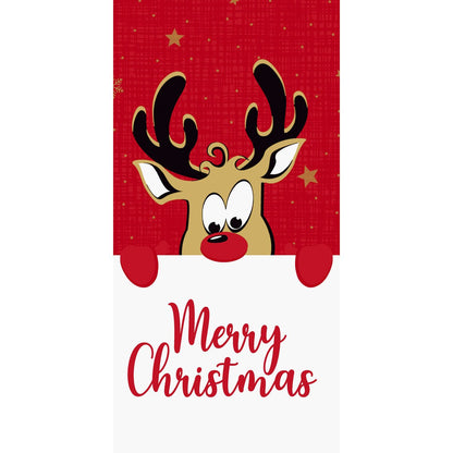 A cartoon reindeer with large antlers and a red nose holds a "Merry Christmas" sign on a 40x40cm large red background with golden stars - ideal for designing Duni GmbH Bio-Dunisoft napkins 1/8F.