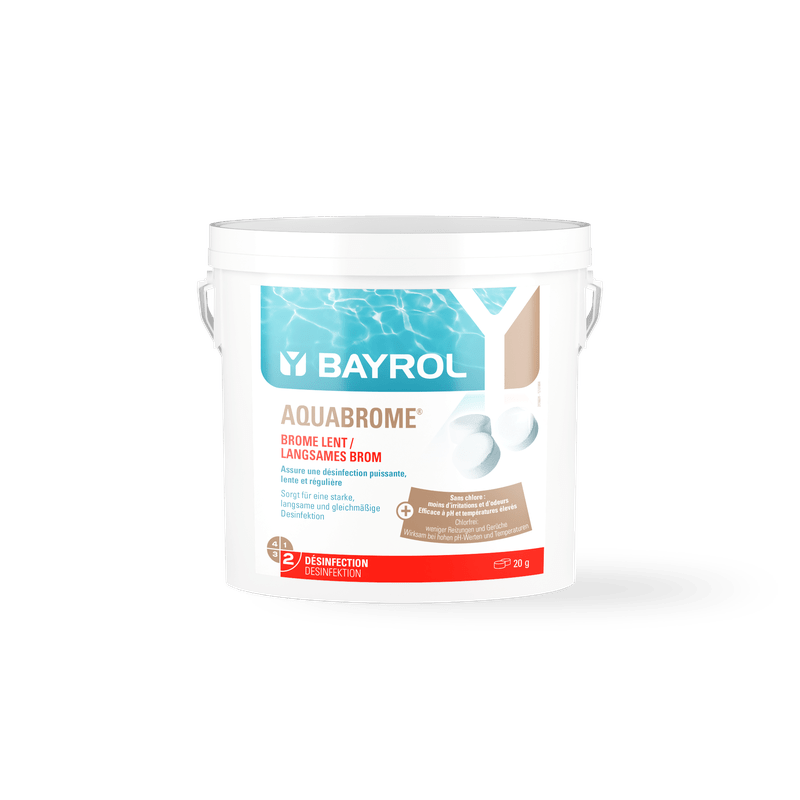 Buicéad 5 kg de tháibléad bróimín BAYROL Aquabrome® chun linnte a dhíghalrú go buan