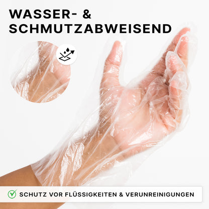 Ein ARNOMED POLYGLOVE BOX Einmalhandschuh aus PE von ARNOWA GmbH schützt vor Flüssigkeiten und Verunreinigungen, ist wasser- & schmutzabweisend und kommt in einer hygienischen Spenderbox mit Tropfen-Icon.