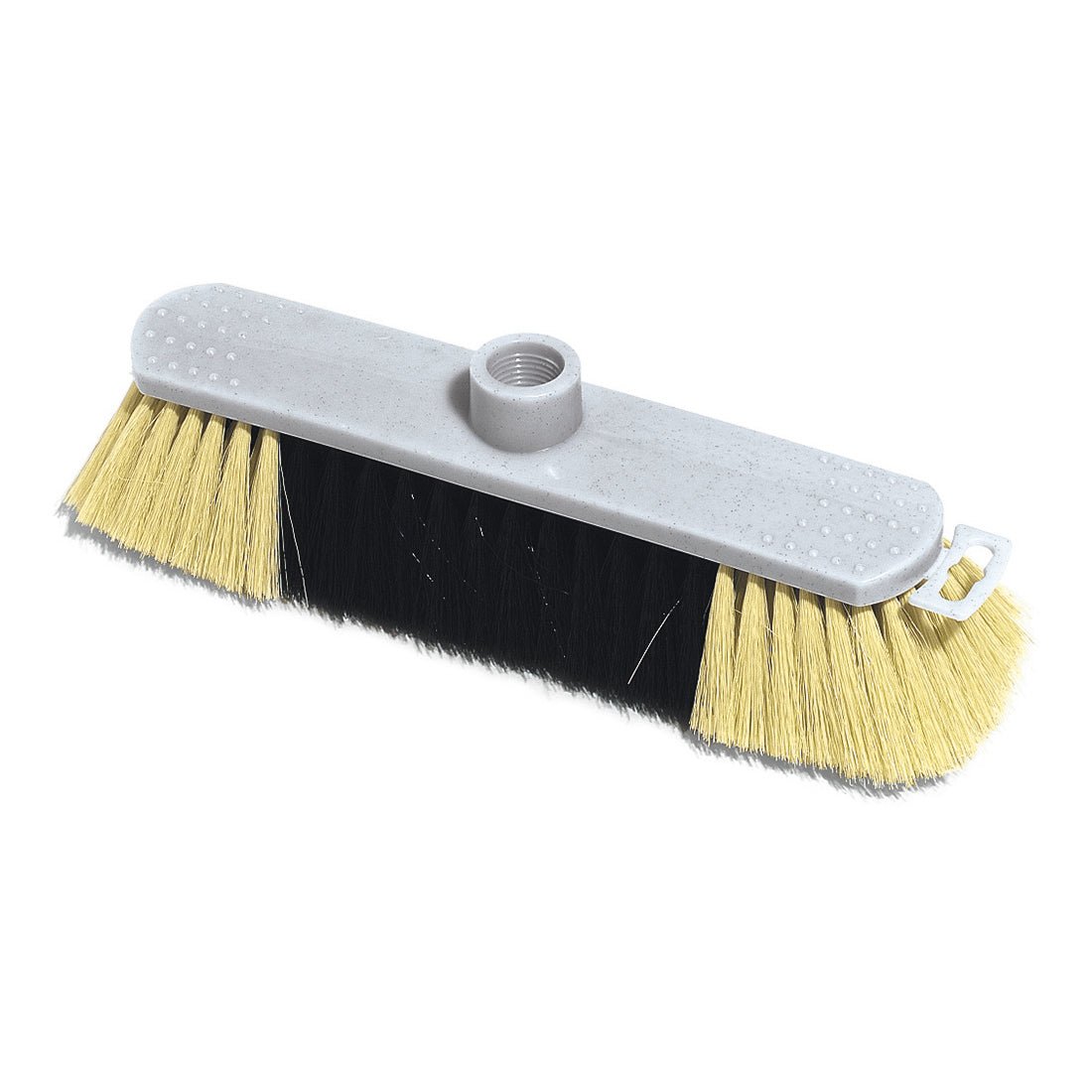 The Nölle Profi Brush Stubenbesen 28 cm from Nölle Profi Brush Bürsten- & Pinseltechnik e.K. is characterized by a high-quality bristle mix - yellow edges, black center - and a gray plastic base with a central hole for handle attachment.