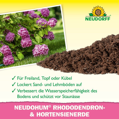 A stack of NeudoHum Rhododendron & Hydrangea Soil from the Neudorff Shop lies next to blooming purple hydrangeas. The text emphasizes the benefits for outdoor and potted plants: better water retention and prevention of waterlogging.