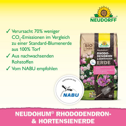 Pictured is a bag of NeudoHum Rhododendron & Hydrangea Soil from the Neudorff Shop, distinguished by reduced CO₂ emissions, peat-free formula, renewable raw materials, and the NABU recommendation with a clearly visible NABU logo.