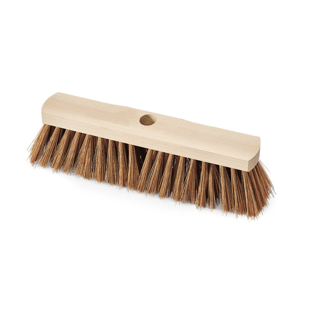 The Nölle Profi Brush Industrial Broom 30 cm Polycoconut with Handle Hole from Nölle Profi Brush Brush & Paint Technology e.K. is a wooden broom head with stiff brown bristles and a center hole for handle attachment, ideal for heavy industrial use.