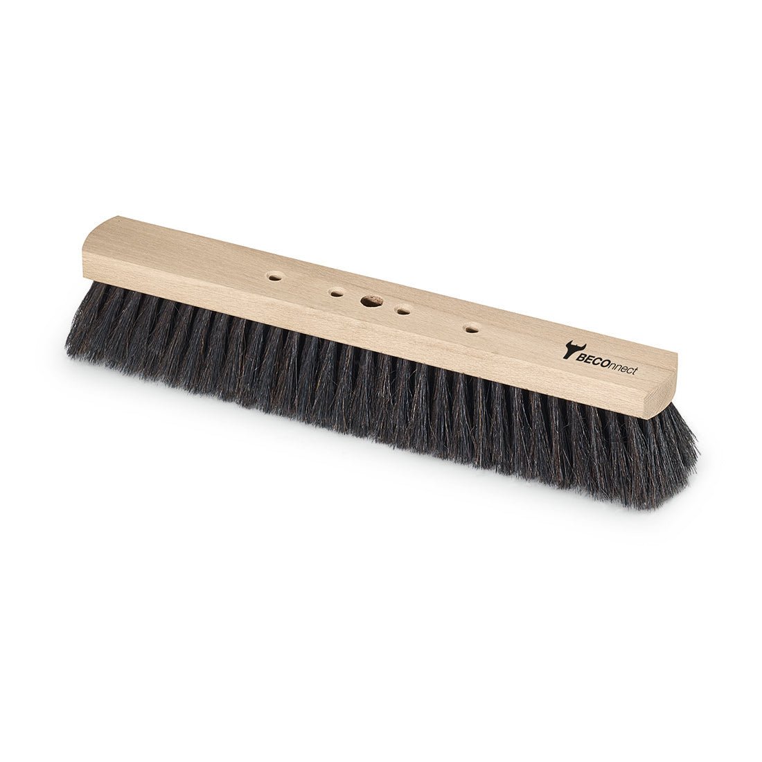 The Nölle Profi Brush BECOnnect Hall Broom (Natural Hair, Wooden Handle) features a wide, light-colored wooden head with dense black natural hair bristles, four holes at the tip, and a small Nölle Profi Brush logo on one end. Brand: Nölle Profi Pinsel Bürsten- & Pinseltechnik e.K.