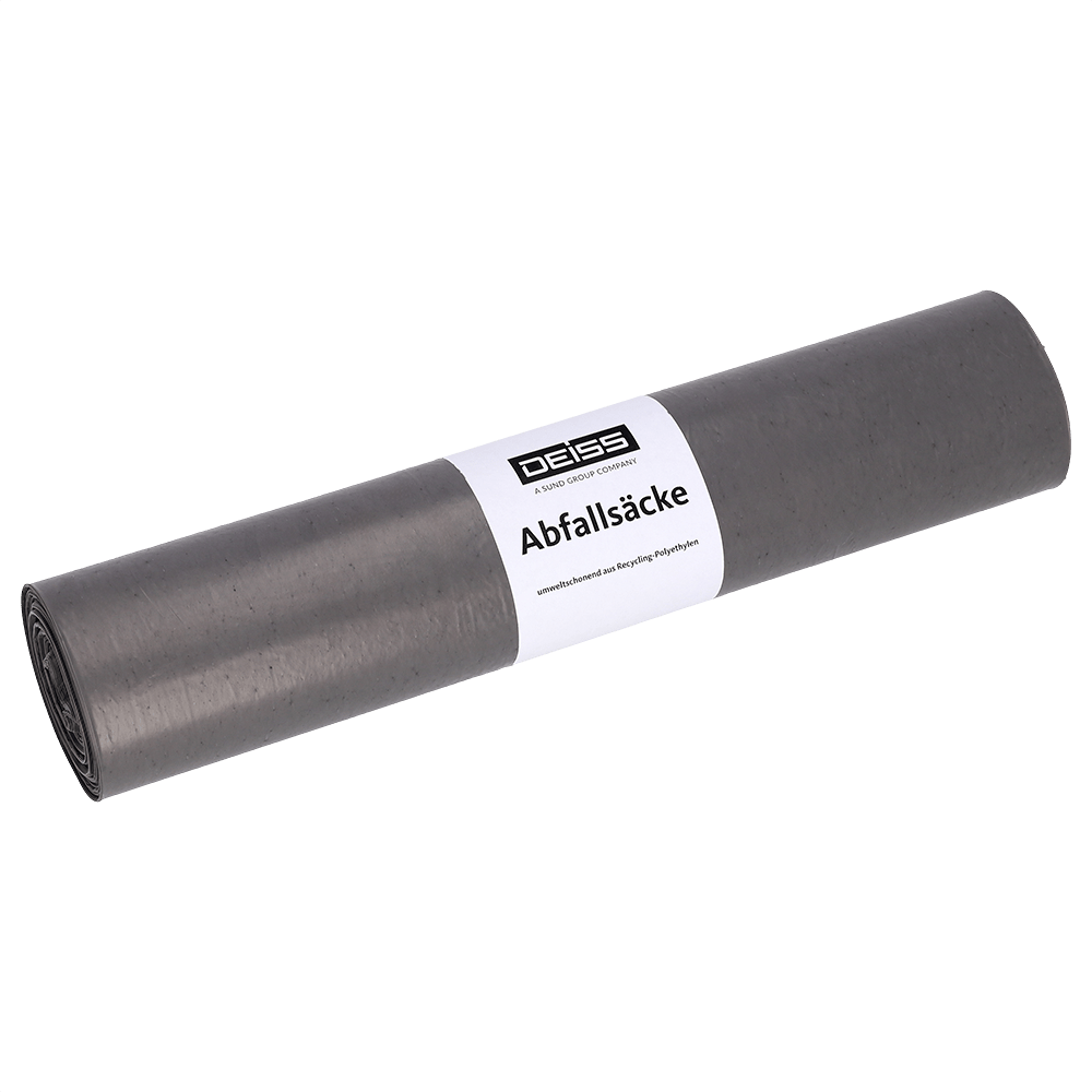 A roll of gray DEISS 24054 garbage bags (700x1100 mm, 25 pieces) from EMIL DEISS KG (GmbH + Co.) with a white label is standing on a plain, light background.