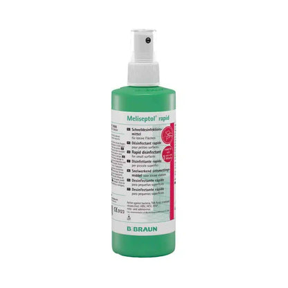 A green spray bottle with B. Braun Meliseptol® rapid quick disinfection from B. Braun Deutschland GmbH & Co. KG is ideal for quick disinfection and surface cleaning. The label contains multilingual texts and safety instructions, while the white nozzle ensures efficient application.