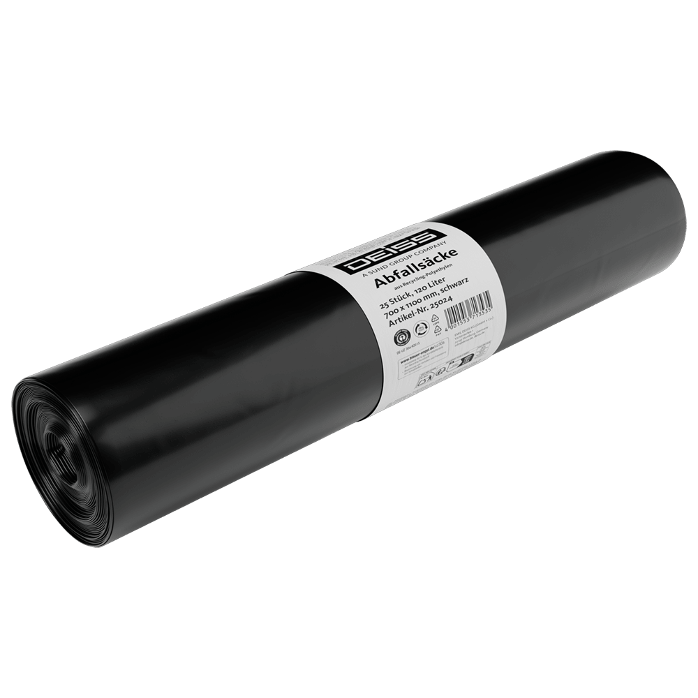 The DEISS 25024 garbage bags (700x1100 mm, type 60, black, 25 pieces/roll) from EMIL DEISS KG (GmbH + Co.) with white label and disposal symbols - ideal as tear-resistant waste bags on a white background.
