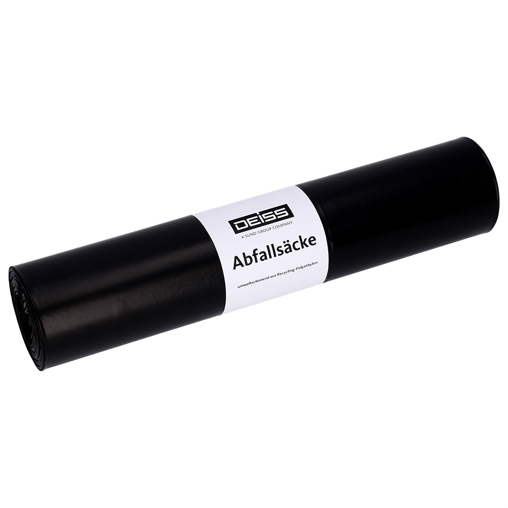 Pictured is a roll of EMIL DEISS KG (GmbH + Co.) DEISS 25070 garbage bags, 700x1100 mm type 60 black, roll (25 pieces), on a plain light gray background.