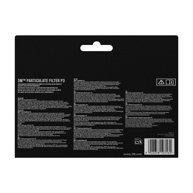 Cúl pacáiste scagaire cáithníní 3M™ 5925, P2, 10 péire/pacáiste (3M Deutschland GmbH) le faisnéis táirge, treoracha agus rabhaidh sábháilteachta - cosúil le cosaint i gcoinne deannaigh - i dteangacha éagsúla ar dhubh. Cód barra agus siombailí athchúrsála ag bun ar dheis.