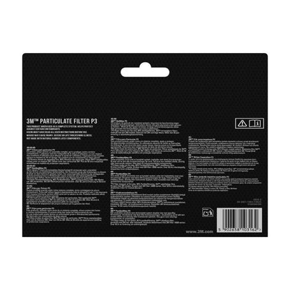 Cúl pacáiste scagaire cáithníní 3M™ 5925, P2, 10 péire/pacáiste (3M Deutschland GmbH) le faisnéis táirge, treoracha agus rabhaidh sábháilteachta - cosúil le cosaint i gcoinne deannaigh - i dteangacha éagsúla ar dhubh. Cód barra agus siombailí athchúrsála ag bun ar dheis.