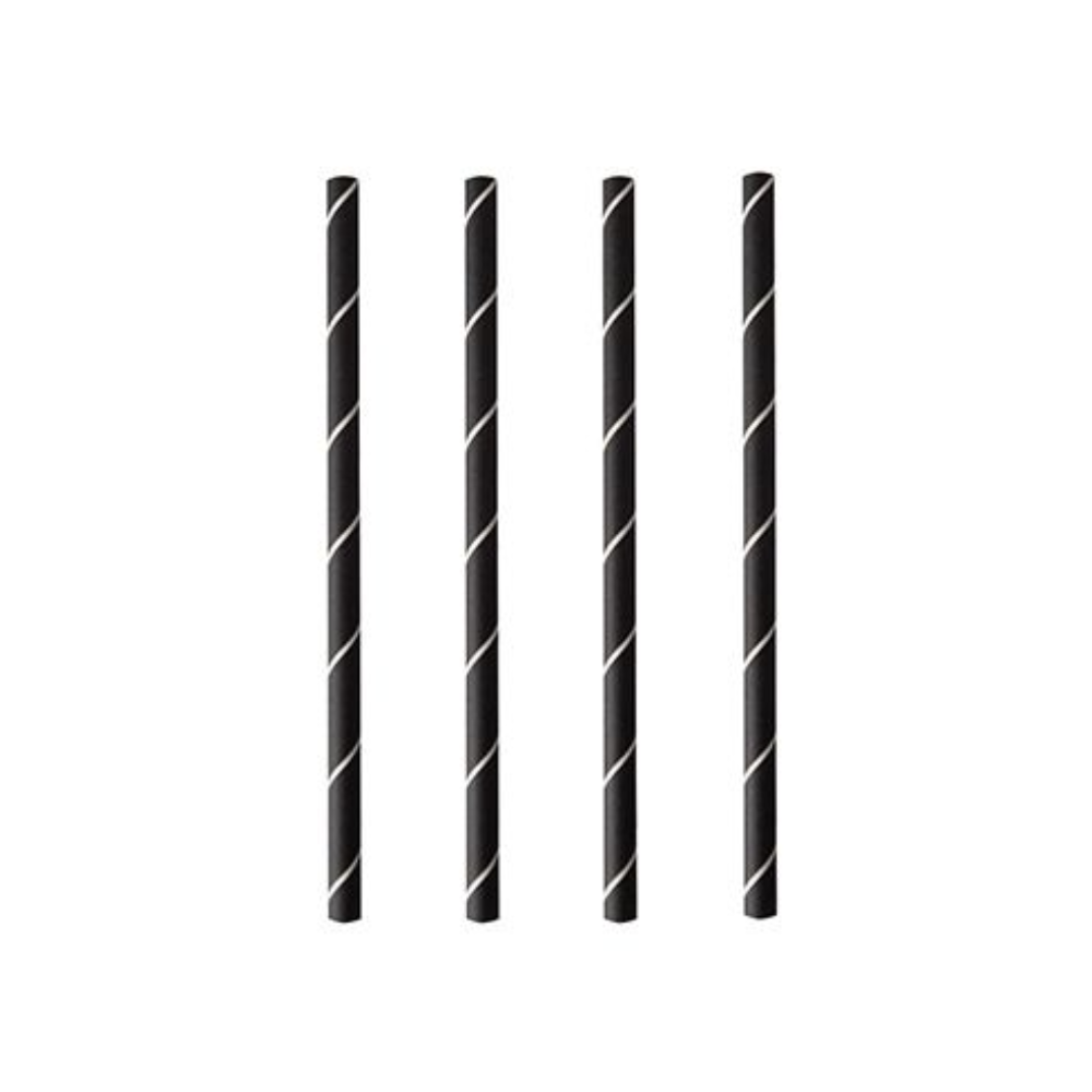 Four PAPSTAR cocktail straws 7 mm, black/white "Stripes", 15 cm (250 pieces) from PAPSTAR GmbH are arranged vertically on a white background, highlighting these stylish and eco-friendly paper straws.
