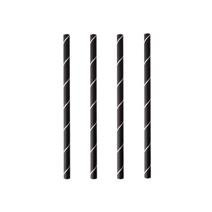 Four PAPSTAR cocktail straws 7 mm, black/white "Stripes", 15 cm (250 pieces) from PAPSTAR GmbH are arranged vertically on a white background, highlighting these stylish and eco-friendly paper straws.