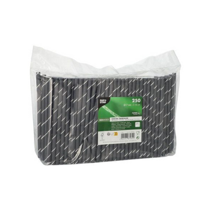 A transparent plastic package with 250 PAPSTAR GmbH cocktail straws, 7 mm x 15 cm, in black/white stripe pattern. On the front, there is a green-white PAPSTAR product label.