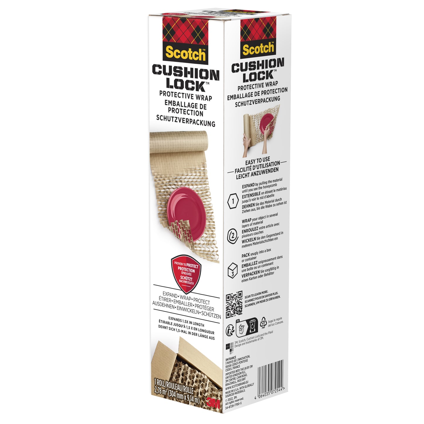 Eine Schachtel Scotch™ Cushion Lock™ Schutzverpackung (30,4 cm x 9,14 m, 1 Rolle) der 3M Deutschland GmbH wird aufrecht stehend mit Branding und mehrsprachigem Text gezeigt, der den Luftkissenschutz für empfindliche Gegenstände hervorhebt.