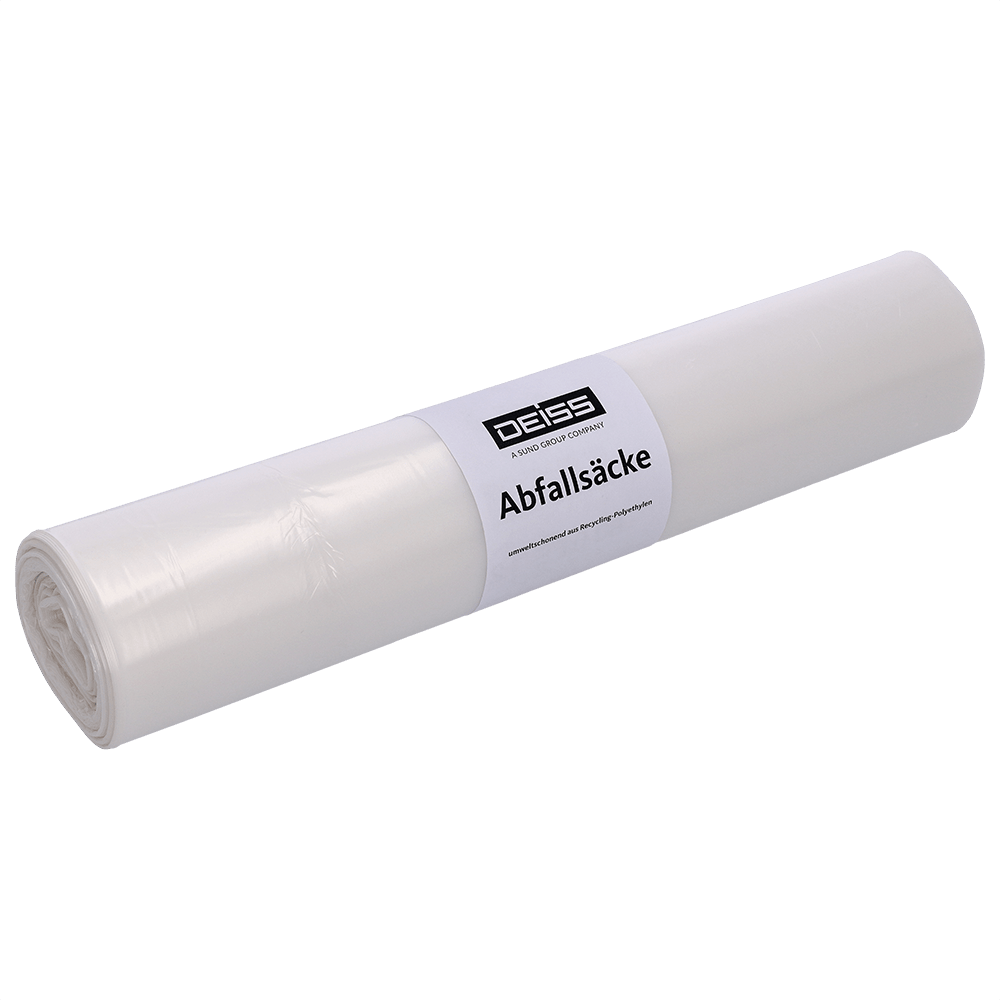 Pictured is a white roll of garbage bags from EMIL DEISS KG (GmbH + Co.) with the inscription "DEISS 29070 - 700x1100 mm Type 60 transparent | Roll (25 pieces)" against a plain light background.