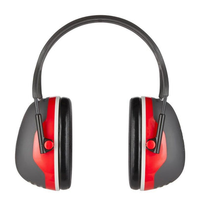 The 3M™ PELTOR™ Comfort Earmuffs from 3M Deutschland GmbH have black ear cups, red accents, and a black headband on a white background.