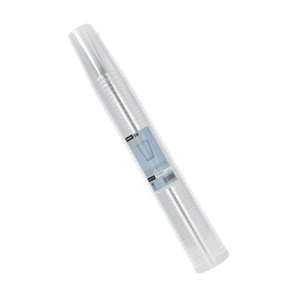 Cruach de chupáin phlaisteacha trédhearcacha Starpak, séalaithe i bpacáistiú trédhearcach le lipéad gorm a léiríonn 50 cupán.