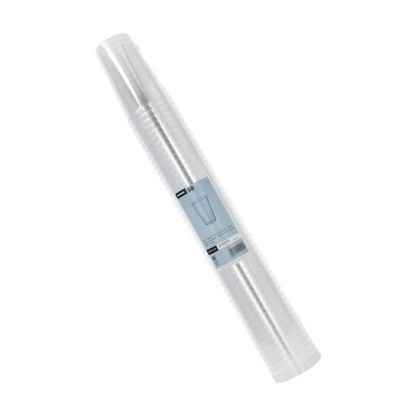 Cruach de chupáin phlaisteacha trédhearcacha Starpak, séalaithe i bpacáistiú trédhearcach le lipéad gorm a léiríonn 50 cupán.